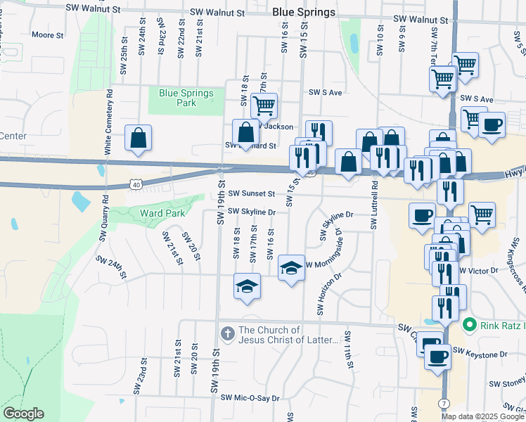 map of restaurants, bars, coffee shops, grocery stores, and more near 1603 Southwest Skyline Drive in Blue Springs