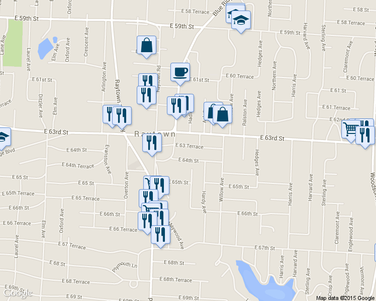map of restaurants, bars, coffee shops, grocery stores, and more near 10201 East 63 Terrace in Raytown