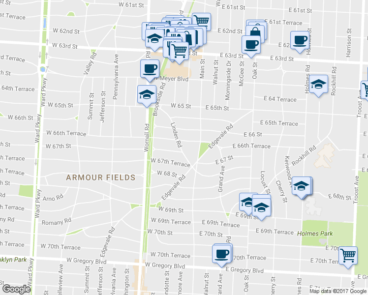 map of restaurants, bars, coffee shops, grocery stores, and more near 6641 Linden Road in Kansas City