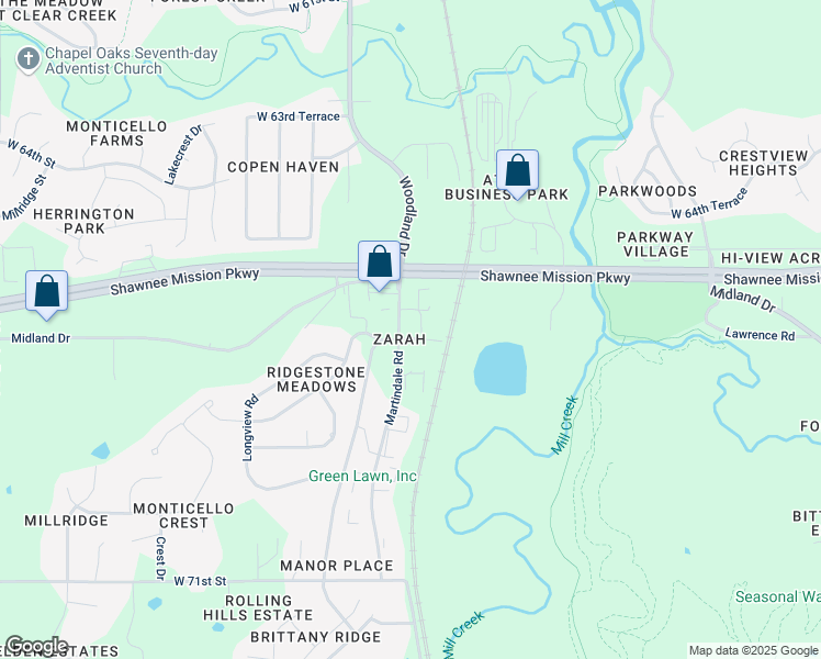 map of restaurants, bars, coffee shops, grocery stores, and more near 20416 West 67th Street in Shawnee
