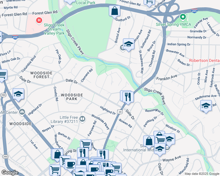 map of restaurants, bars, coffee shops, grocery stores, and more near 9310 Greyrock Road in Silver Spring
