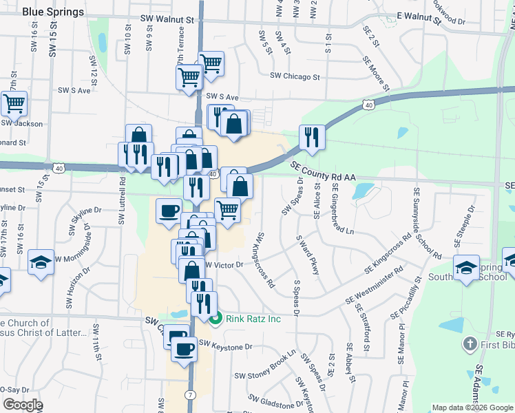 map of restaurants, bars, coffee shops, grocery stores, and more near 929 Southwest Kingscross Road in Blue Springs