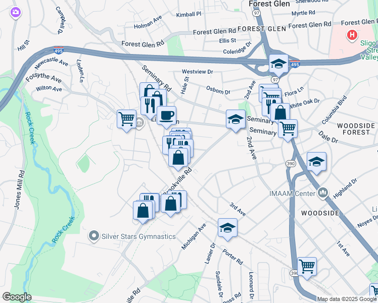 map of restaurants, bars, coffee shops, grocery stores, and more near 9208 Linden Grove Court in Silver Spring