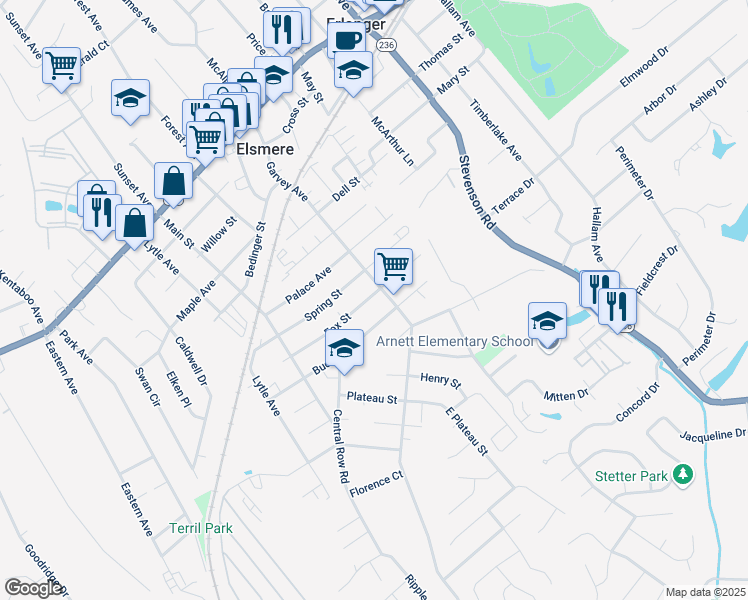 map of restaurants, bars, coffee shops, grocery stores, and more near 411 Fox St in Elsmere