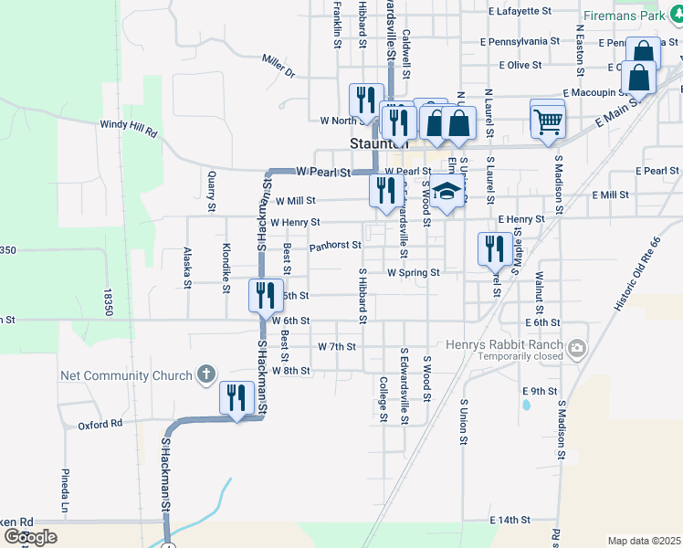 map of restaurants, bars, coffee shops, grocery stores, and more near 636 Koko Lane in Staunton