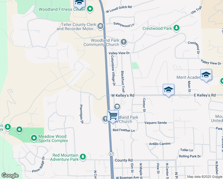 map of restaurants, bars, coffee shops, grocery stores, and more near 761 Columbine Village Drive in Woodland Park