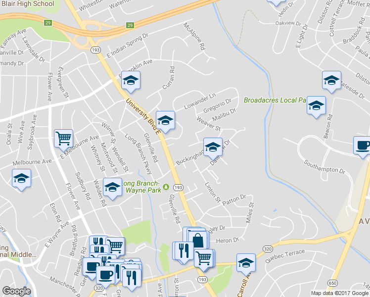 map of restaurants, bars, coffee shops, grocery stores, and more near 703 Cornwall Street in Silver Spring