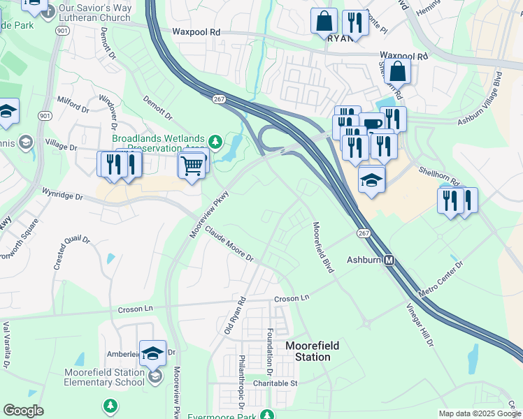 map of restaurants, bars, coffee shops, grocery stores, and more near 43432 Robey Square in Ashburn