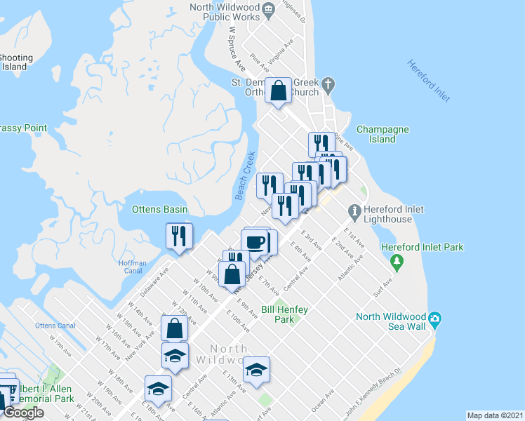 map of restaurants, bars, coffee shops, grocery stores, and more near 213B West 4th Avenue in Wildwood