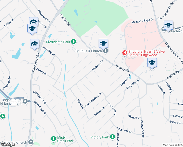 map of restaurants, bars, coffee shops, grocery stores, and more near 3109 Madonna Drive in Edgewood