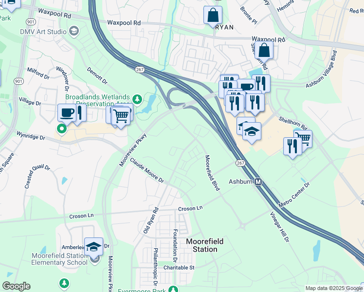 map of restaurants, bars, coffee shops, grocery stores, and more near 43460 Robey Square in Ashburn