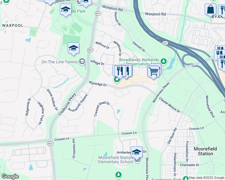 map of restaurants, bars, coffee shops, grocery stores, and more near 43144 Sunderland Terrace in Broadlands
