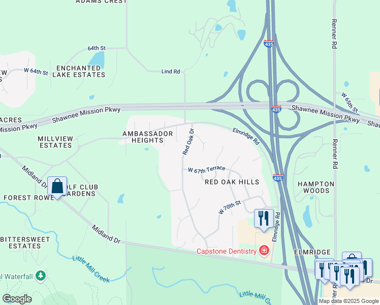 map of restaurants, bars, coffee shops, grocery stores, and more near 6717 Red Oak Drive in Shawnee