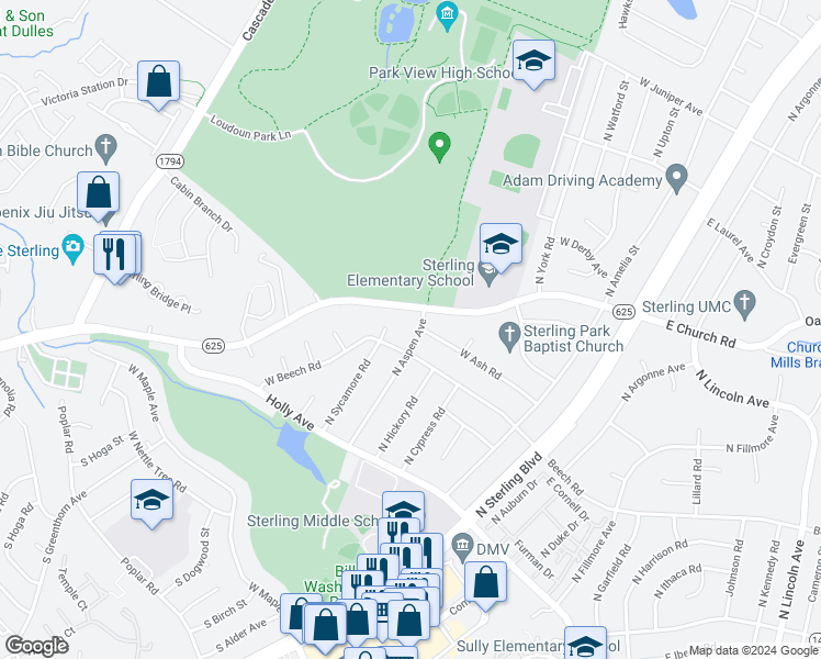 map of restaurants, bars, coffee shops, grocery stores, and more near 205 North Aspen Avenue in Sterling