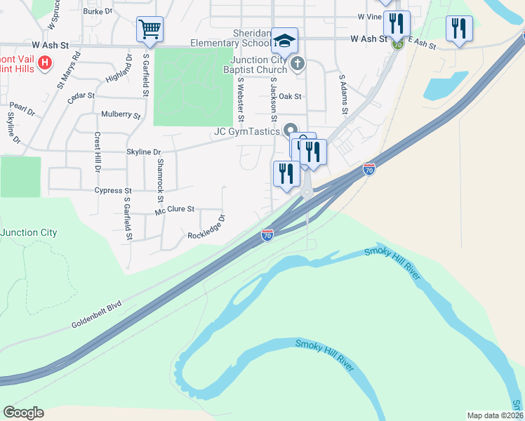 map of restaurants, bars, coffee shops, grocery stores, and more near 1334 South Jackson Street in Junction City