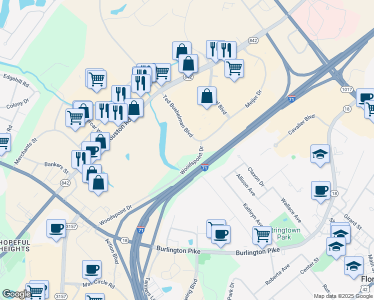 map of restaurants, bars, coffee shops, grocery stores, and more near 7300 Woodspoint Drive in Florence