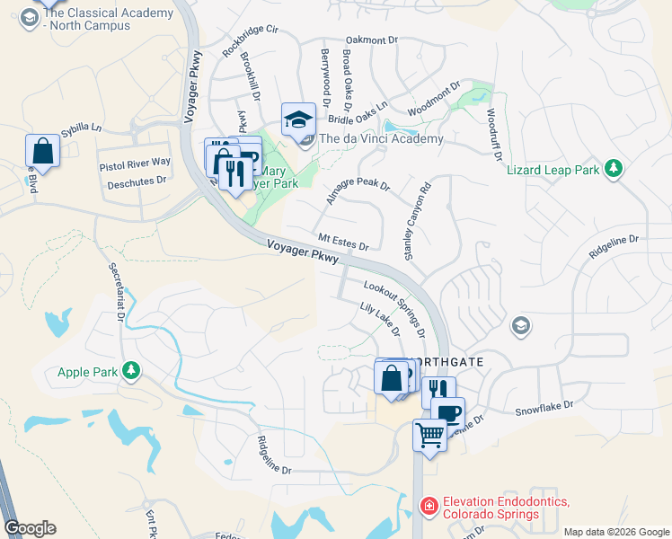 map of restaurants, bars, coffee shops, grocery stores, and more near 1342 Lookout Springs Drive in Colorado Springs
