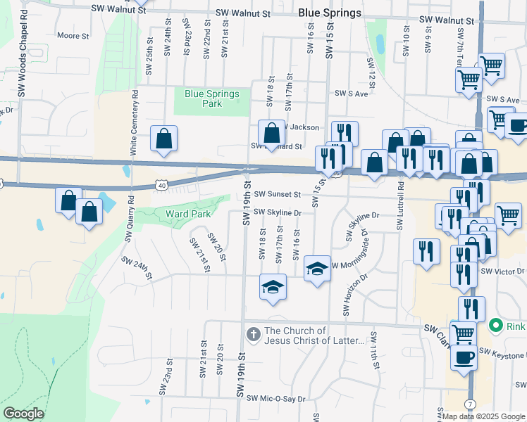 map of restaurants, bars, coffee shops, grocery stores, and more near 1715 Southwest Skyline Drive in Blue Springs