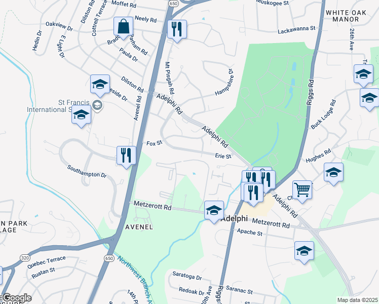 map of restaurants, bars, coffee shops, grocery stores, and more near 1913 Erie Street in Adelphi
