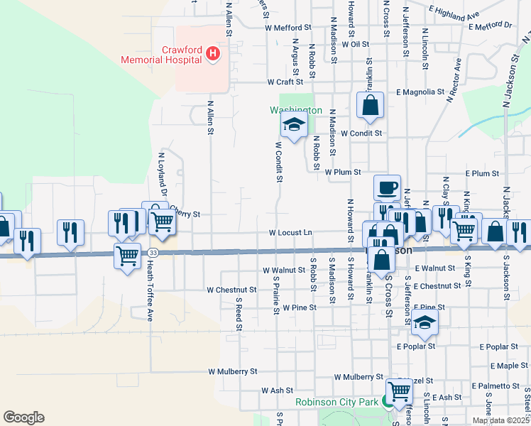map of restaurants, bars, coffee shops, grocery stores, and more near 798 West Woodland Drive in Robinson