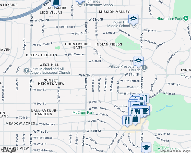 map of restaurants, bars, coffee shops, grocery stores, and more near 6701 Granada Lane in Prairie Village