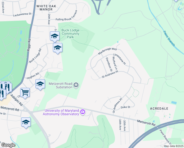 map of restaurants, bars, coffee shops, grocery stores, and more near 9327 Saint Andrews Place in College Park