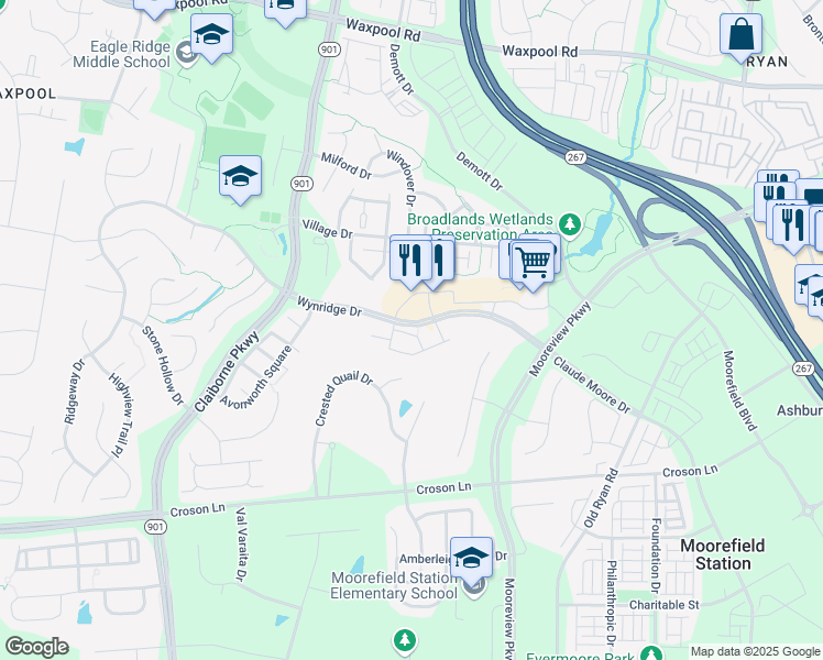 map of restaurants, bars, coffee shops, grocery stores, and more near Gardenwall Terrace in Ashburn