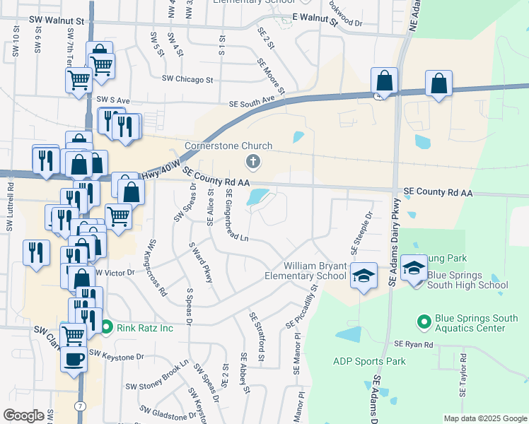 map of restaurants, bars, coffee shops, grocery stores, and more near 942 Southeast Gingerbread Court in Blue Springs