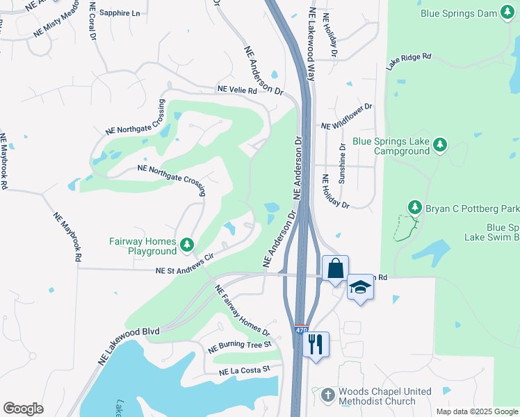 map of restaurants, bars, coffee shops, grocery stores, and more near 651 Northeast Saint Andrews Circle in Lee's Summit