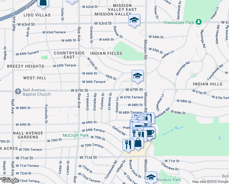 map of restaurants, bars, coffee shops, grocery stores, and more near 6701 El Monte Street in Prairie Village