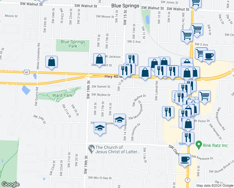 map of restaurants, bars, coffee shops, grocery stores, and more near 1501 Southwest Skyline Drive in Blue Springs