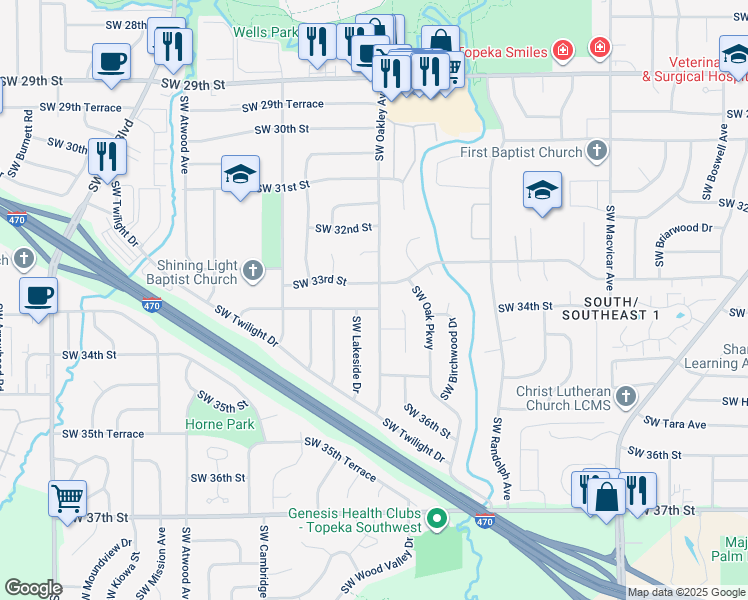 map of restaurants, bars, coffee shops, grocery stores, and more near 3100 Southwest 33rd Terrace in Topeka