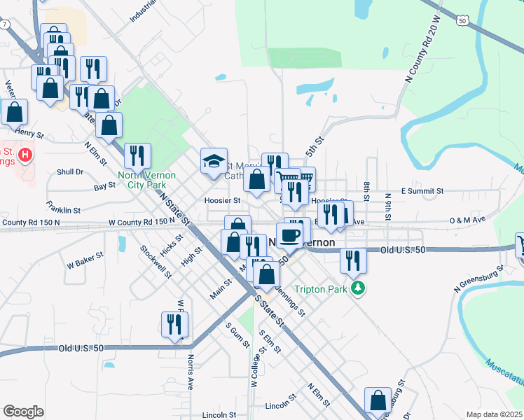map of restaurants, bars, coffee shops, grocery stores, and more near 101 Hoosier St in North Vernon