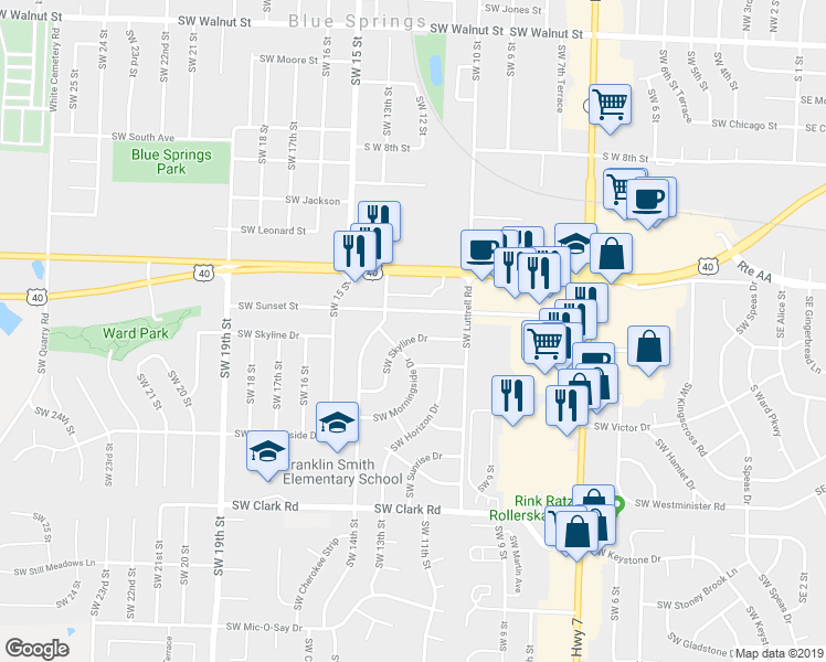 map of restaurants, bars, coffee shops, grocery stores, and more near 1201 Southwest Skyline Drive in Blue Springs