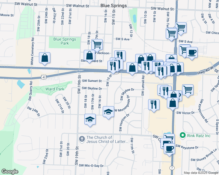 map of restaurants, bars, coffee shops, grocery stores, and more near 908 Southwest 15 Street in Blue Springs