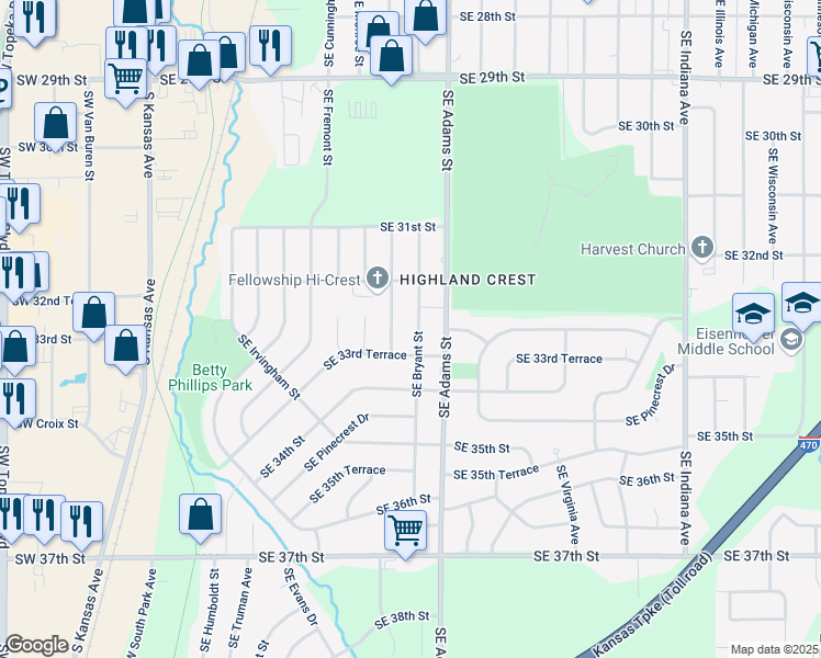 map of restaurants, bars, coffee shops, grocery stores, and more near 3309 Southeast Bryant Street in Topeka