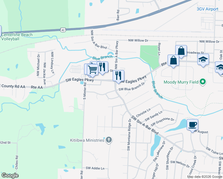 map of restaurants, bars, coffee shops, grocery stores, and more near 1306 Southwest Blue Branch Drive in Grain Valley