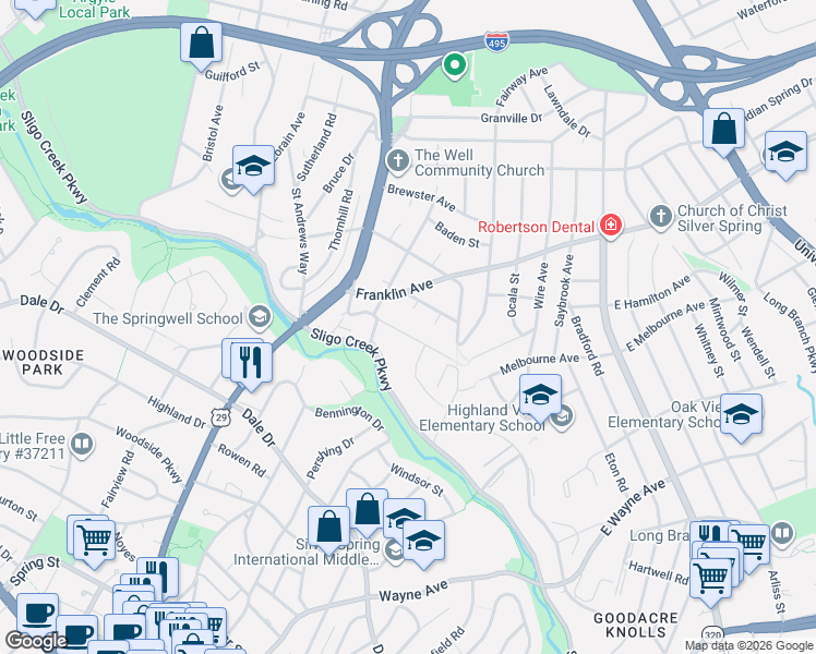 map of restaurants, bars, coffee shops, grocery stores, and more near 409 Hamilton Avenue in Silver Spring