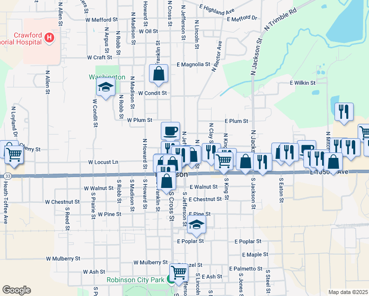 map of restaurants, bars, coffee shops, grocery stores, and more near 201 East Cherry Street in Robinson