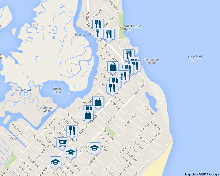 map of restaurants, bars, coffee shops, grocery stores, and more near 125 West 3rd Avenue in North Wildwood