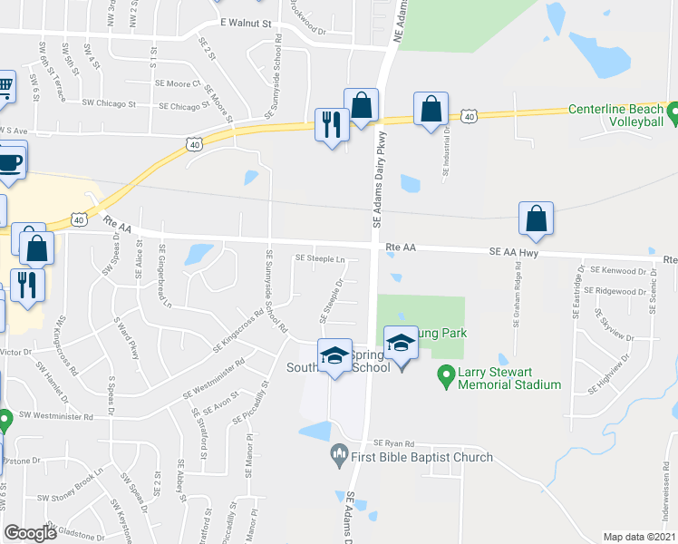map of restaurants, bars, coffee shops, grocery stores, and more near 1003 Southeast Steeple Drive in Blue Springs