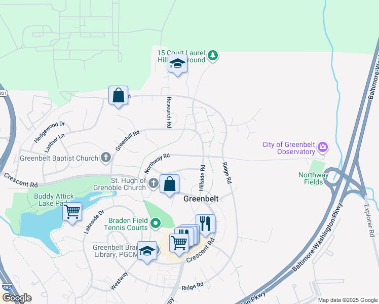 map of restaurants, bars, coffee shops, grocery stores, and more near 135 Northway Road in Greenbelt