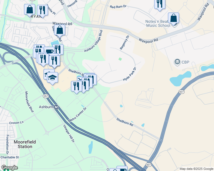 map of restaurants, bars, coffee shops, grocery stores, and more near 21986 Hyde Park Drive in Ashburn