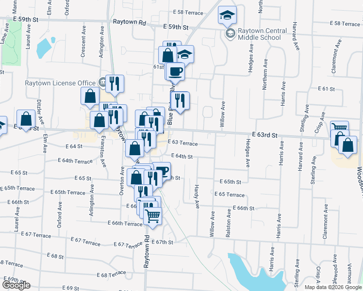 map of restaurants, bars, coffee shops, grocery stores, and more near 10201 East 63 Terrace in Raytown