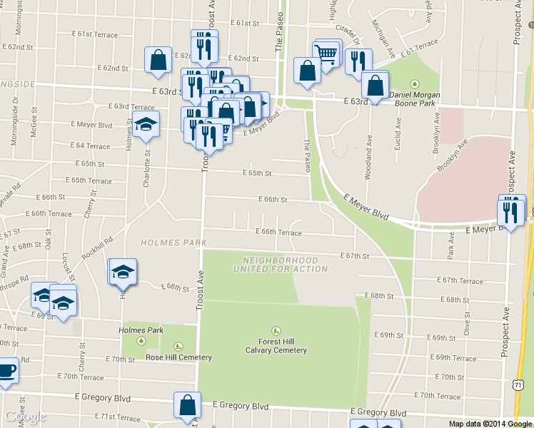 map of restaurants, bars, coffee shops, grocery stores, and more near 6620 Lydia Avenue in Kansas City