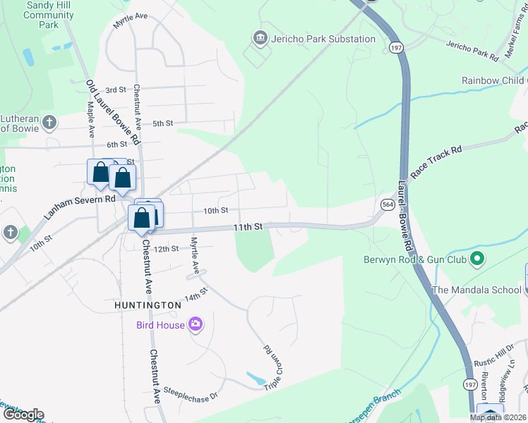 map of restaurants, bars, coffee shops, grocery stores, and more near 13317 10th Street in Bowie