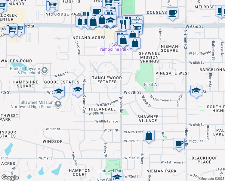 map of restaurants, bars, coffee shops, grocery stores, and more near 11929 West 66th Terrace in Shawnee
