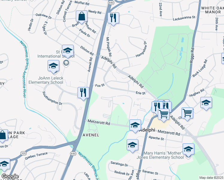 map of restaurants, bars, coffee shops, grocery stores, and more near 1907 Erie Street in Adelphi