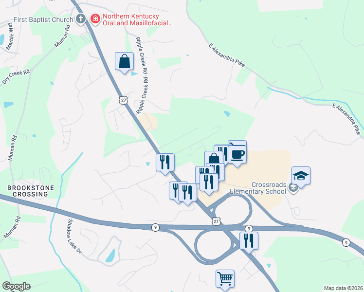 map of restaurants, bars, coffee shops, grocery stores, and more near 1040 Davjo Drive in Highland Heights