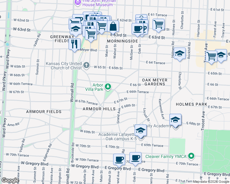 map of restaurants, bars, coffee shops, grocery stores, and more near 6620 Grand Avenue in Kansas City